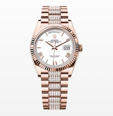 Replica Rolex Day-Date White Dial Fluted Bezel 36MM Rose Gold Watch