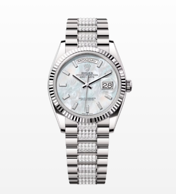 Replica Rolex Day-Date White MOP Dial Fluted Bezel Diamond Bracelet 36MM Watch