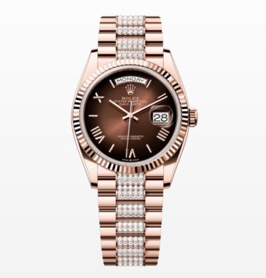 Replica Rolex Day-Date Brown Ombré Dial Fluted Bezel 36MM Rose Gold Watch